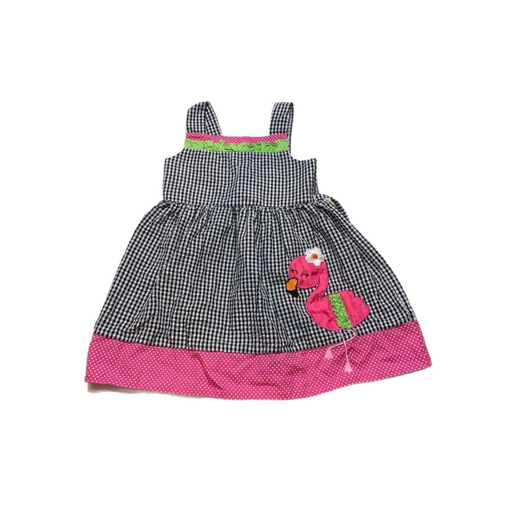Rare Editions Gorls Black White Seersucker Flamingo Sleeveless Sundress Dress 2T